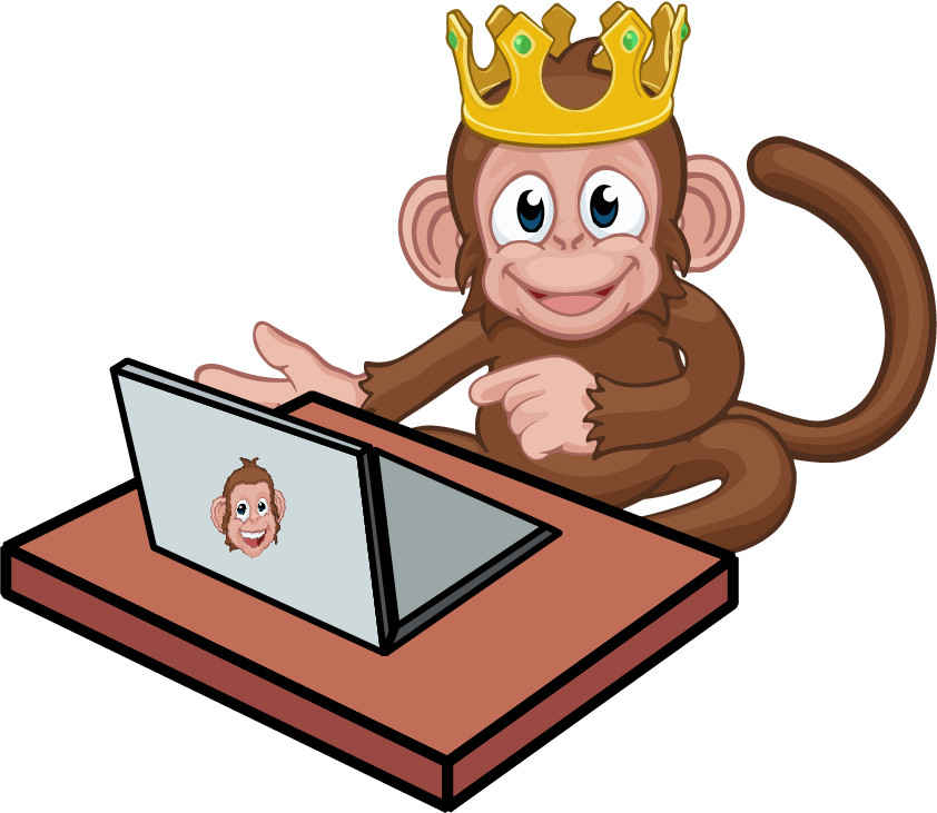 Upload your custom DTF Gang Sheet file online, represented by a monkey using a laptop.