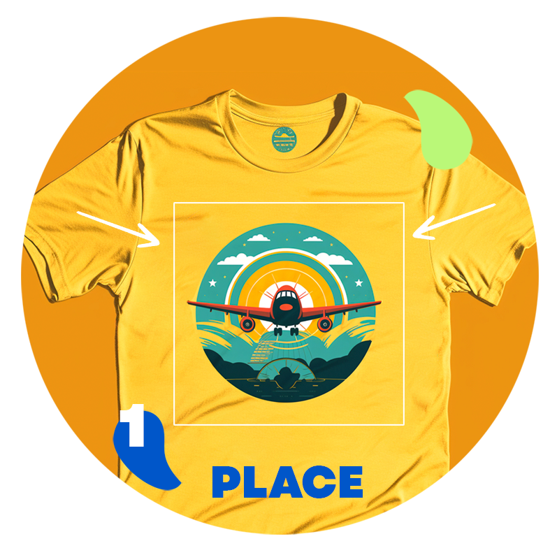 Placing a DTF transfer with a colorful airplane design onto a t-shirt before pressing.