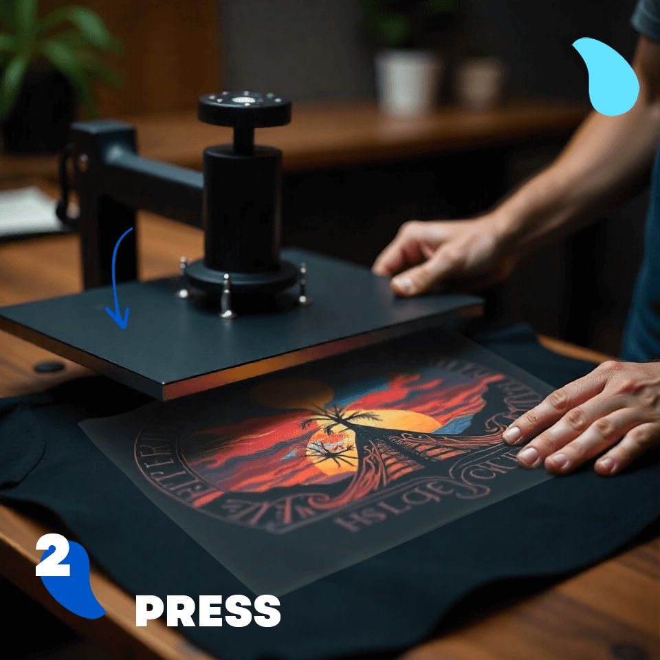 Step 2 - Press: Applying a heat press machine to the DTF transfer on the garment.