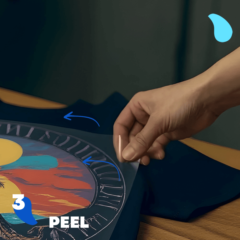 Step 3 - Peel: Peeling the clear carrier film off the t-shirt to reveal the finished design.