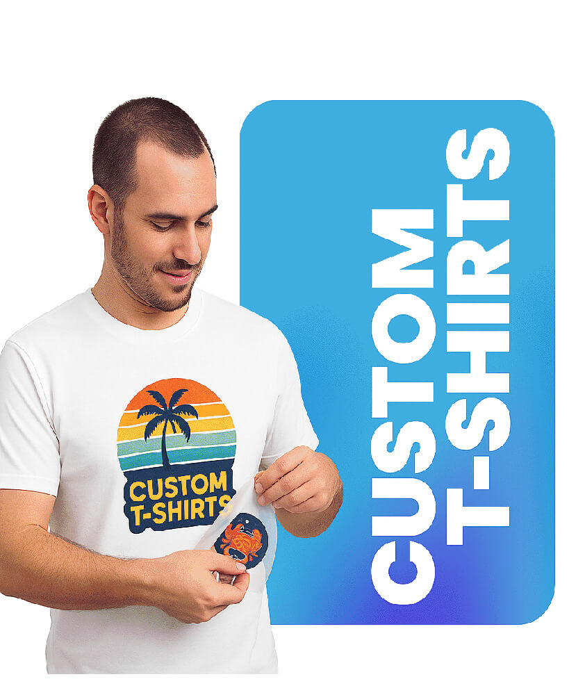 Man wearing a custom t-shirt with a vibrant sunset DTF print
