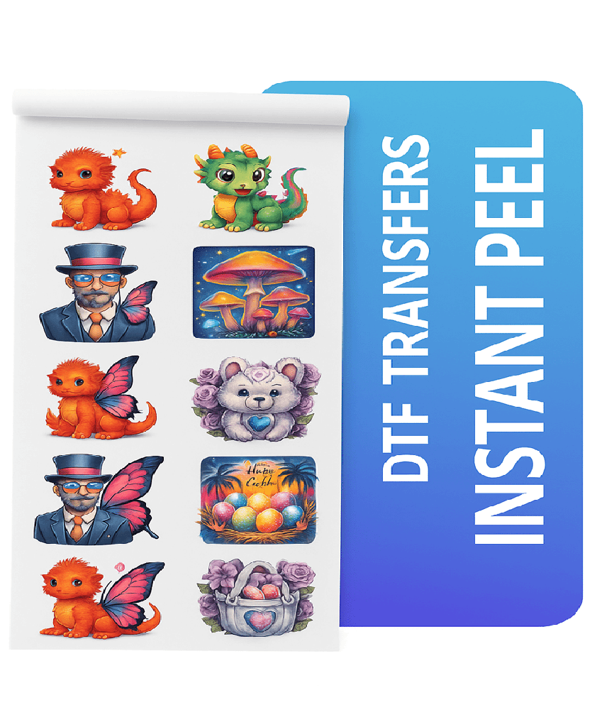 Gang sheet of colorful instant peel DTF transfers for apparel